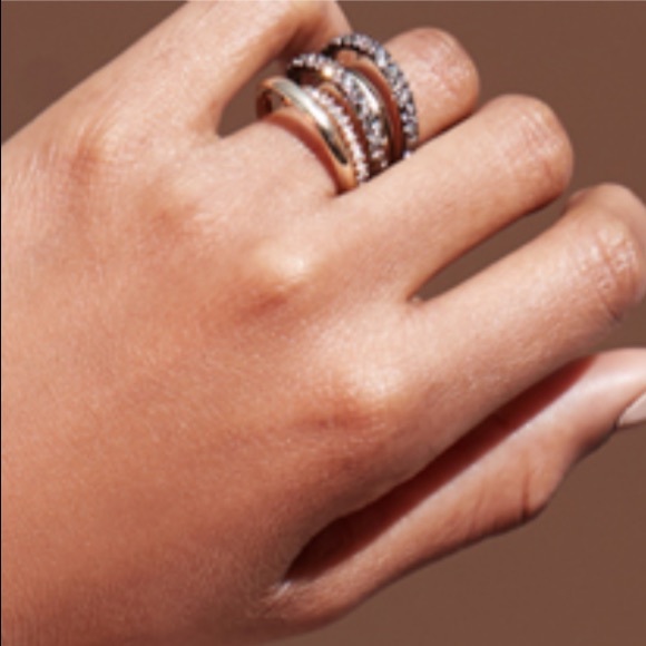 Alexis Bittar Two Toned Gold & Gunmetal Pavé Orbiting Crystal Layered Ring 7 - Picture 3 of 16